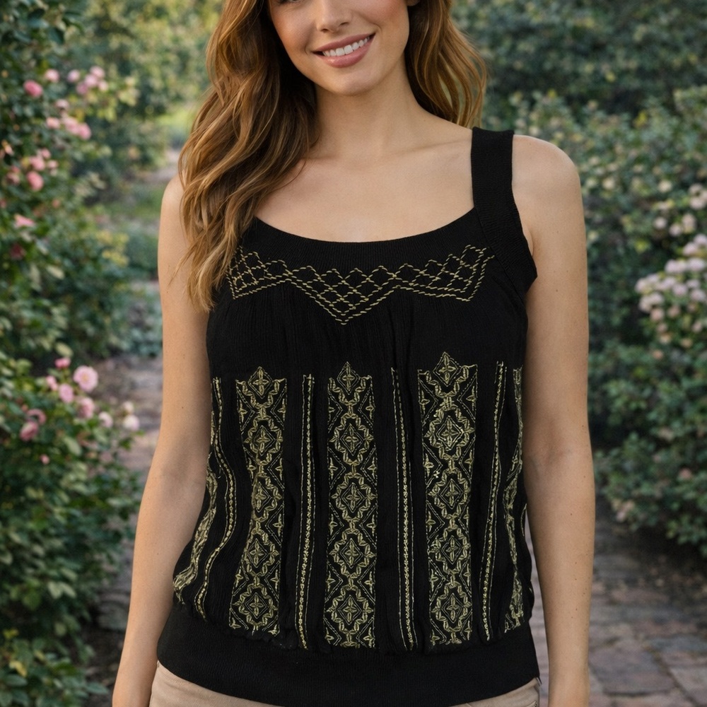 Anthropologie Women’s Small Black/Gold Embroidered Sleeveless Top - Picture 2 of 7